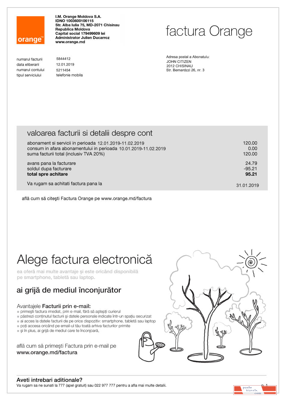 Moldova Orange utility bill template, fully editable in PSD format